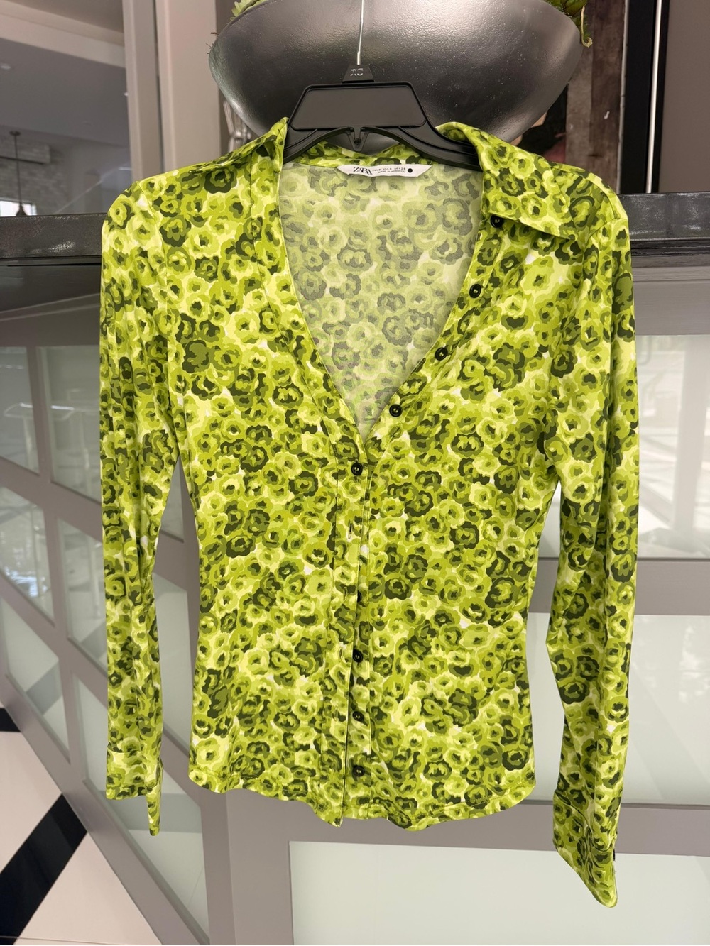 Zara Lime Green Floral Button-Down Shirt